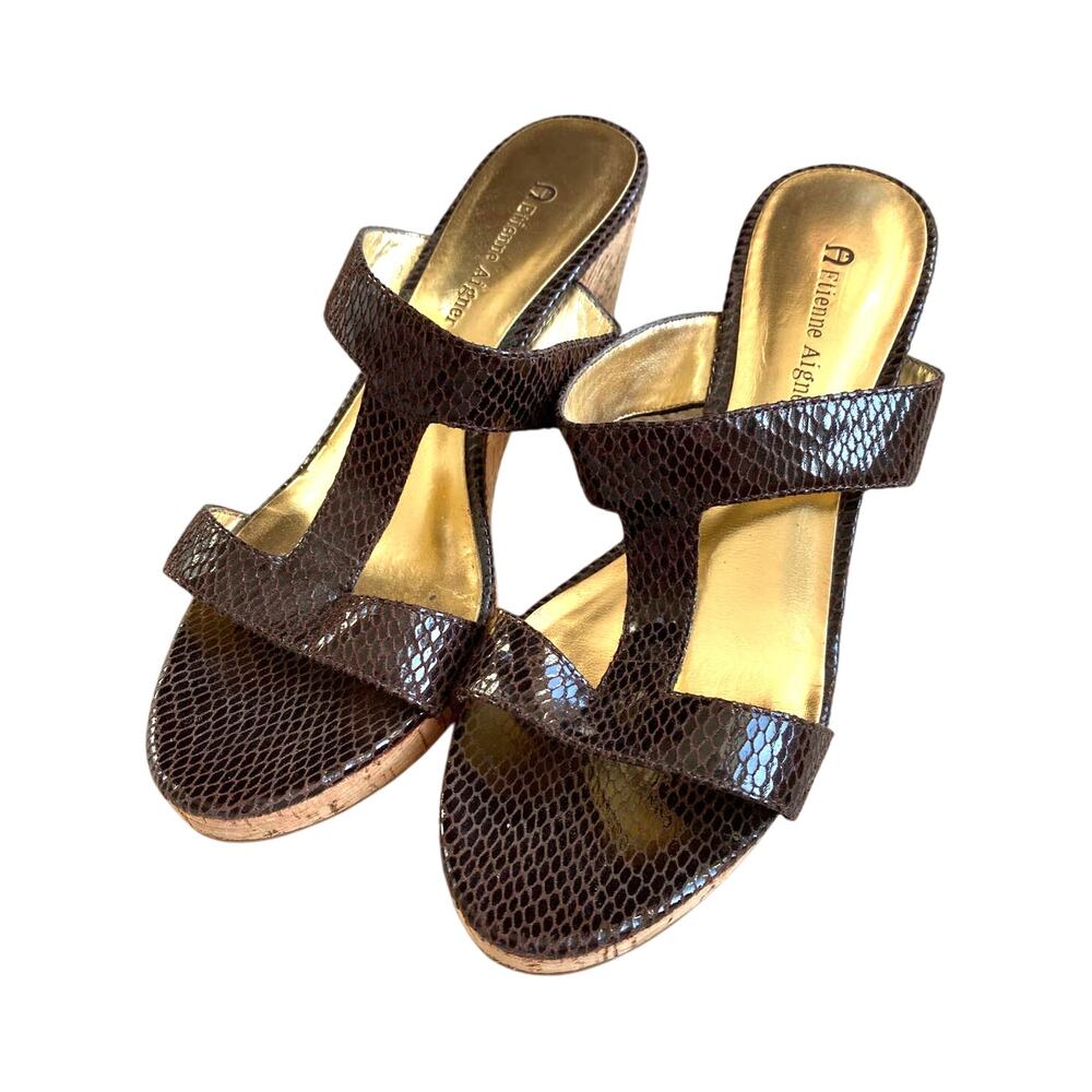 Etienne Aigner US 6.5M sandals cork wedgie heels slides brown snakeskin shoes